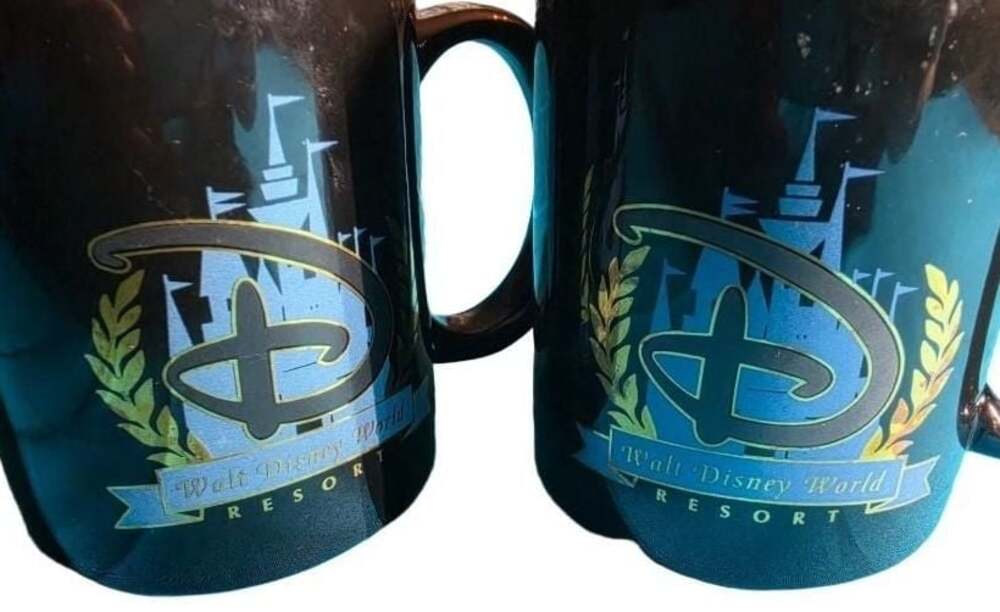 Vintage Walt Disney World Resort Black Coffee Mug with Blue Castle and D Logo (s